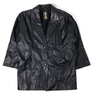 VINTAGE Black 100% Leather Western Cowboy Button Down Rancher Coat Jacket Small